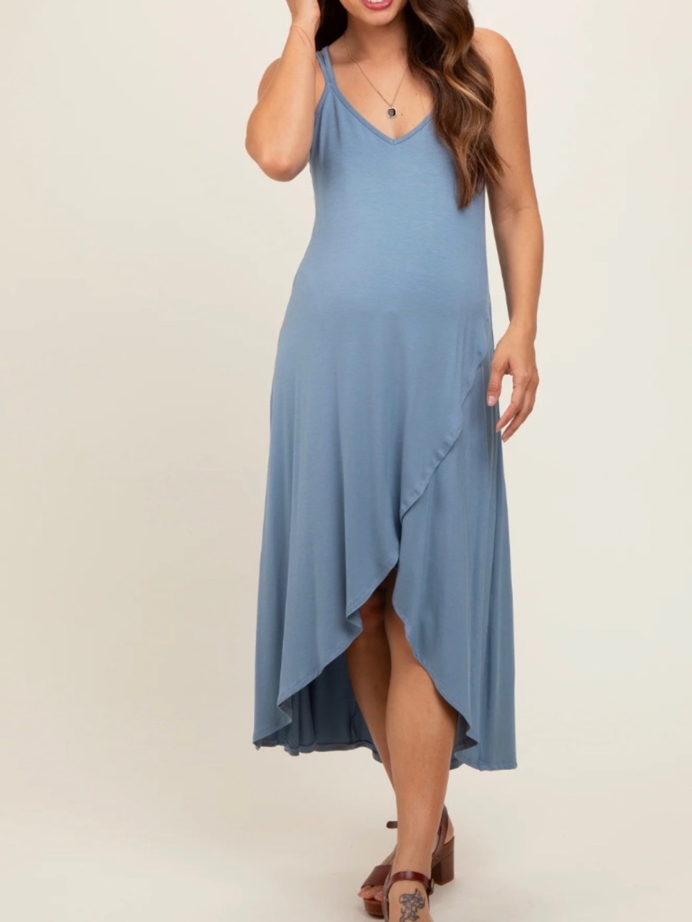 Blue Sleeveless Crisscross High-Low Wrap Maternity Midi Dress